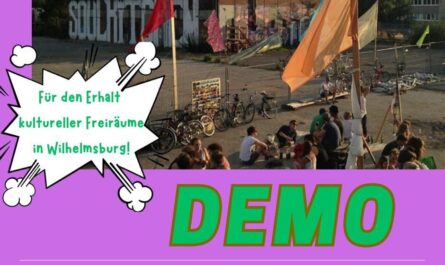 Menschen mit Flaggen vor der Soulkitchenhalle. Dazu Demo-Infos