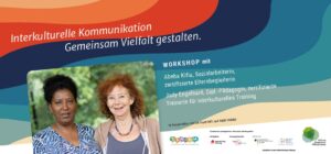 Ein buntes Veranstaltungsbild mit Fotos von 2 Frauen und den VA-Infos