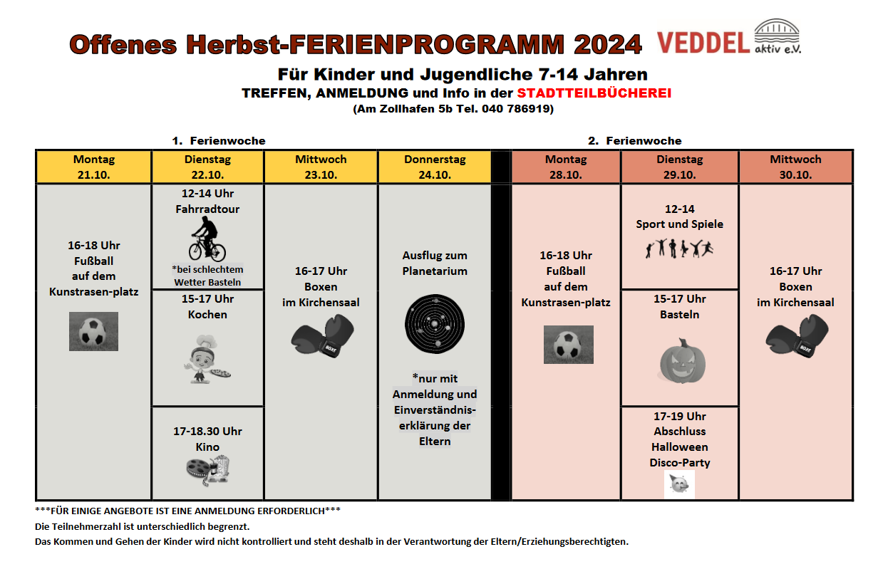 Eine Tabelle mit Angeboten für die Herbstferien