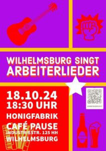 Ein Sharepic, lila Hintergrund, in mehrere Kästen aufgeteilt, in einem eine Gitarre, in einem eine Faust, in einem der Titel der VA, in einem Uhrzeit und Ort, ein einm ein QR-Code