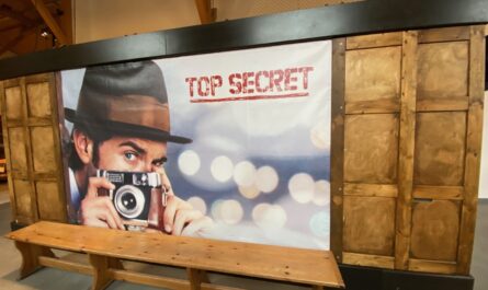 Auf dem Plakat zur Ausstellung sieht man einen Mann mit Hut und Kamera und den Schriftzug „Top Secret".