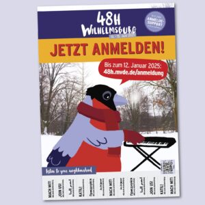 Grafik: Ein Vogel mit Schal spielt im Schnee auf einem Keyboard