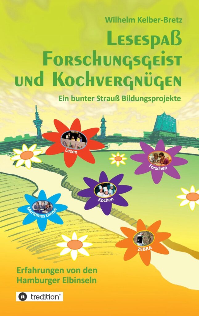 Grafik: Auf einer WIese sind verschiedene bunte Blumen mit Fotos darin zu sehen. Darunter steht jeweils Lesen, Forschen, Kochen, Meritimes Dinner und Zebra. Im Hintergrund die Elbe-Skyline.