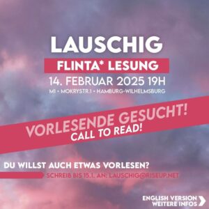 Ein grau-pinker Wolkenhimmel als Hintergrund, davor die VA-Daten und ein Banner mit der Aufschrift "Vorlesende gesucht!"