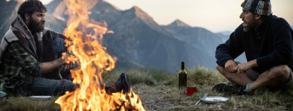 Zwei Männer sitzen an einem Lagerfeuer, im Hintergrund Berge