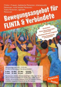 Viele FLINTA*-Personen in bunter Kleidung bewegen sich