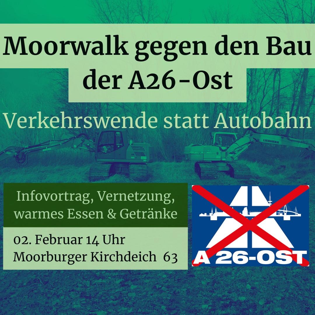 Sharepic mit den VA-Infos und einem durchgestrichenen Autobahnzeichen, unter dem A26-Ost steht