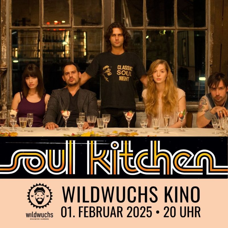 mehrere Menschen an einem gedeckten Tisch, darunter der Schriftzug "Soulkitchen" und die VA-Infos