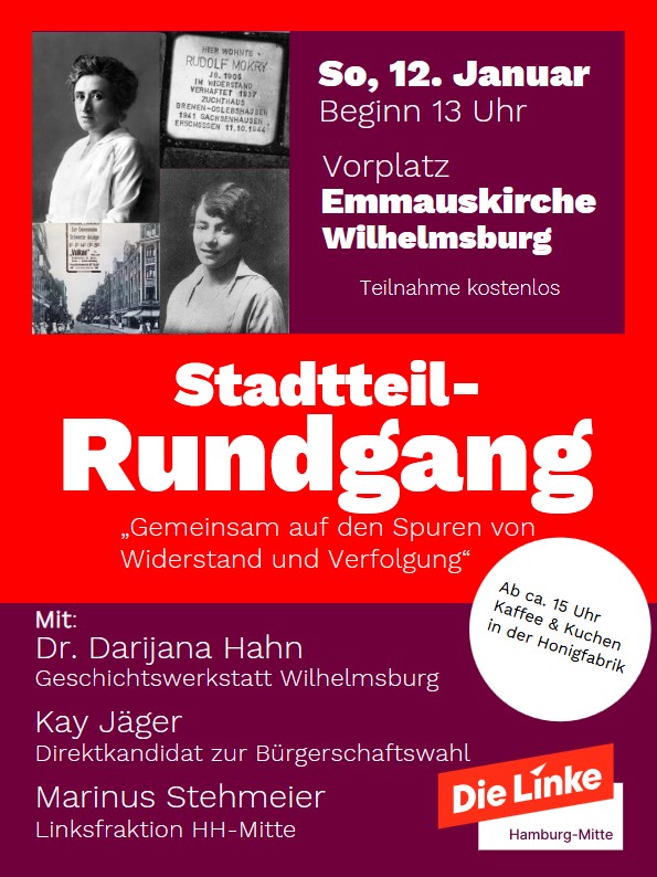 Plakat zum Stadtteilrundgang mit Infos und Bildern von Stolpersteinen uns Verfolgten