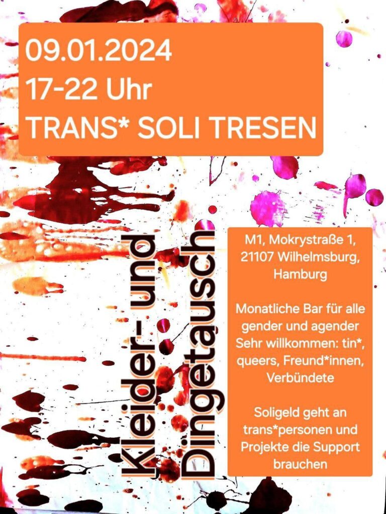 Buntes Plakat mit den Va-Infos zum trans*soli-Tresen