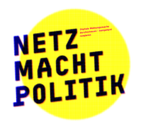 Das Bild zeigt einen großen gelben Kreis mit einem Rastereffekt auf weißem Hintergrund. Darauf steht in großen, schwarzen, leicht verpixelten Buchstaben der Text "NETZ MACHT POLITIK". Rechts oben im Kreis befindet sich ein kleinerer roter Schriftzug: "Digitale Meinungs­mache durchschauen – kompetent reagieren". 