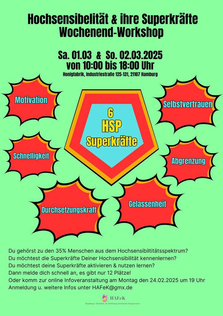 Das Veranstaltungsplakat trägt die: Wochenend-Workshop „Hochsensibilität & ihre Superkräfte“. Der Hintergrund ist hellgrün, und in der Mitte des Plakats befindet sich ein großes, sechseckiges Schild mit der Aufschrift „6 HSP Superkräfte“. Drumherum sind sechs rote, comicartige Sprechblasen mit gelber Umrandung angeordnet, die jeweils eine Superkraft benennen: Motivation, Selbstvertrauen, Schnelligkeit, Abgrenzung, Durchsetzungskraft, Gelassenheit