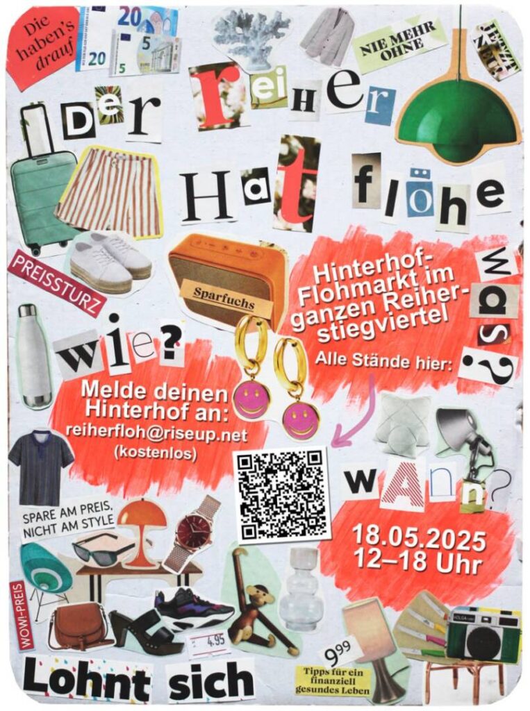 Ein buntes Collagenbild mit den Infos zum Flohmarkt