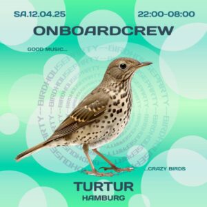 Ein Vogel vor grünen Hintergrund, dazu die VA-Infos