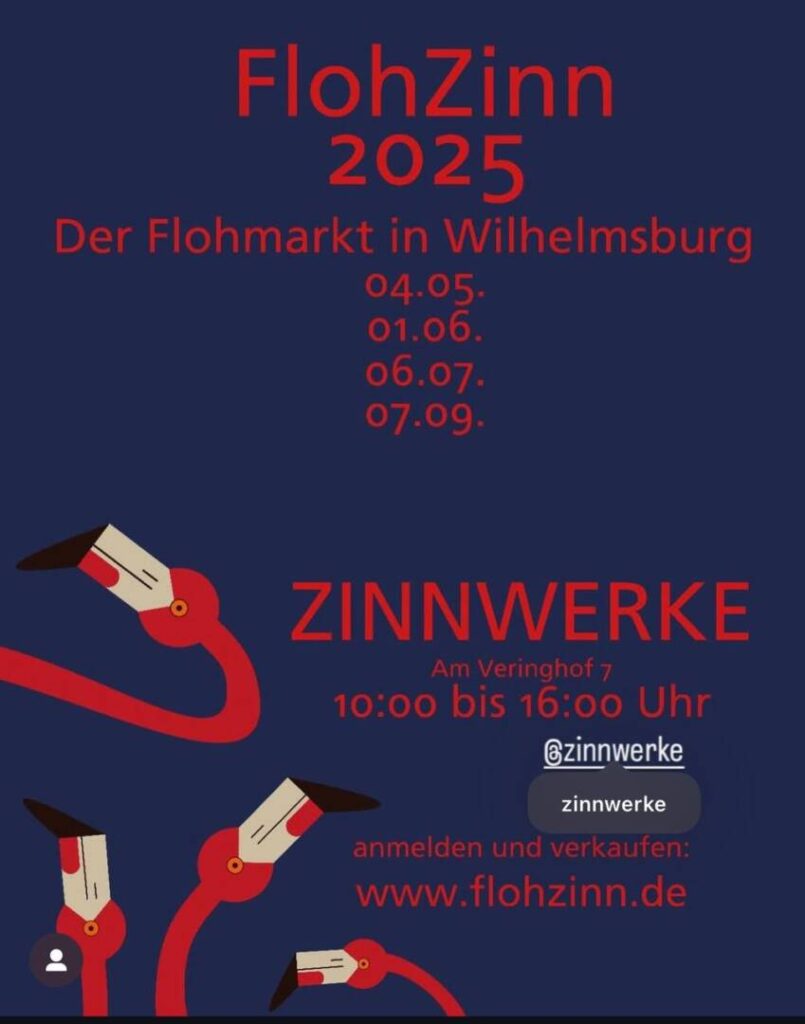 Dunkelblauer Hintergrund, Rote Famingos mit verdrehten Hälsen, dazu die Flohmarktdaten für dieses Jahr