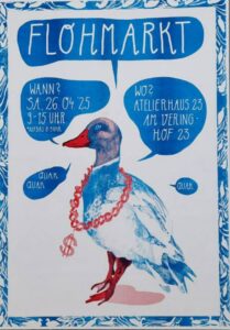 Eine Gans, die eine Goldkette mit einem Dollar-Amulett um den Hals trät, produziert Sprechblasen, in denen die Infos zum Flohmarkt stehen