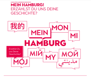 das Wort "Mein" in vielen verschiedenen Sprachen in Sprachblasen, in der Mitte das Wort "Hamburg"