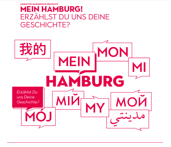 das Wort "Mein" in vielen verschiedenen Sprachen in Sprachblasen, in der Mitte das Wort "Hamburg"
