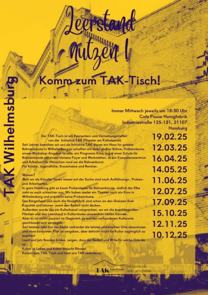 Ein Bild in gelb, im Hintergrund das Dach des alten LIDL-Gebäudes am Veringhof, dazu die Daten der Termine des TAK-Tisches in diesem Jahr
