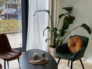 Links ein bodentiefes Fenster mit weißem Vorhang. Davor ein Cocktailtischchen mit links einem Polsterstuhl und rechts einem dunkelgrünen Cocktailsessel mit einen hellbraunen runden Kissen. Dahinter eine große grüne Pflanze.