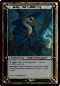 Spielekarte. Das Bild zeigt einen böse dreinblickenden Reiher in Umhang und Hut
