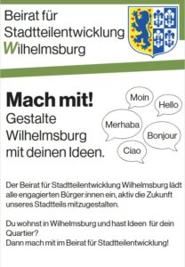 Neuer Flyer des Beirates für Stadtteilentwicklung, Rückseite mit der Aufforderung: Mach Mit!