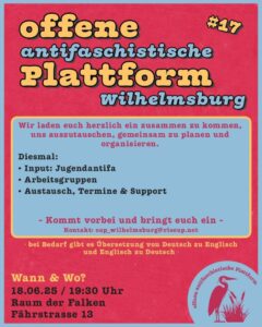 Ein rotes Sharepic mit den VA-Infos auf deutsch
