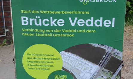 Ein Straßenaufsteller mit einem grünen Plakat, auf dem der Entwurf für eine Brücke zu sehen ist, dazu die Infos