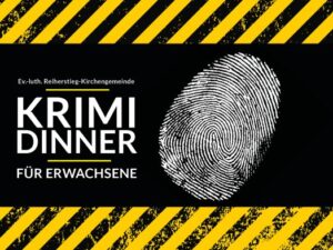 Oben und unten ein gelb-schwarz gestreifter Rand, dazwischen schwarzer Hintergrund. Darauf der Schrifzug "Krimi-Dinner" und ein Fingerabdruck