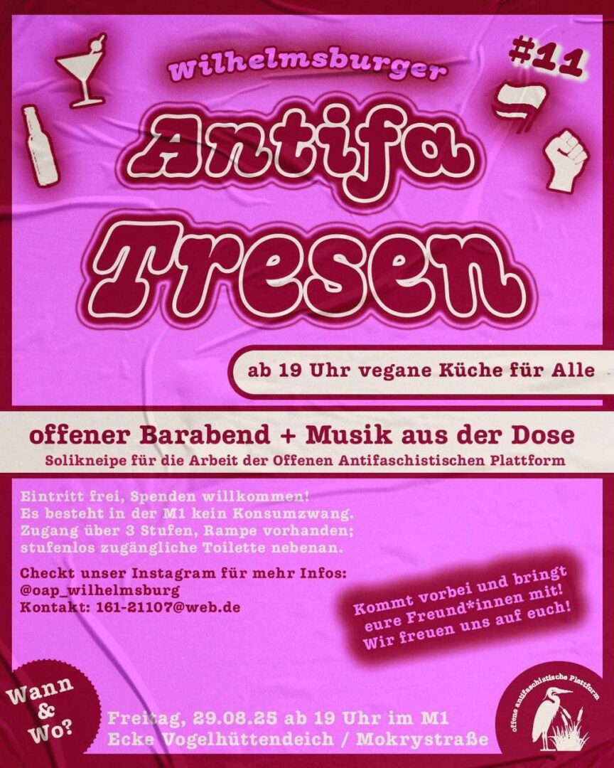 Ein pinkes Plakat mit der Aufschrift "Antifa-Tresen" und den VA-Infos