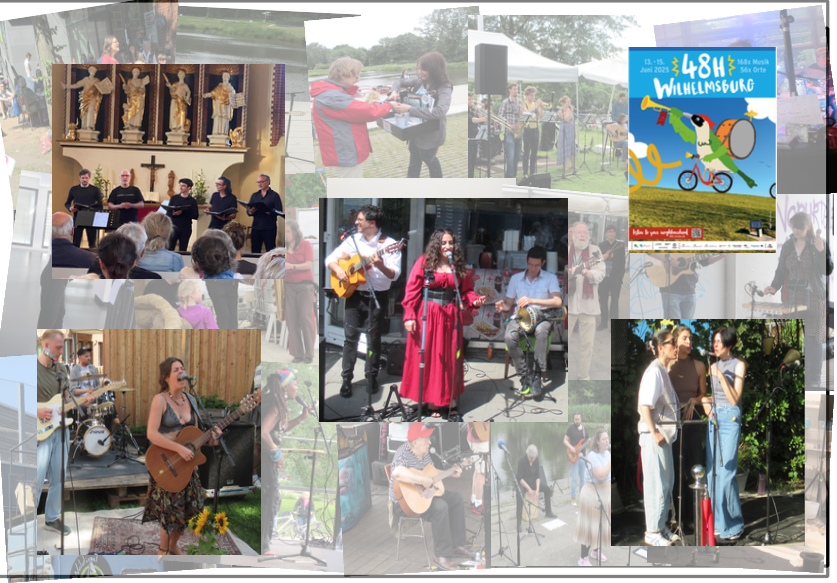 Fotocollage mit vier Bands und dem 48h-Plakat in Fünfer-Würfel-Format angeordnet. vor einer habtransparenten Collage mit alten 48h-Fotos
