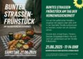 Eine Picknickdecke mit Essen auf einer Straße. Dazu die VA-Infos