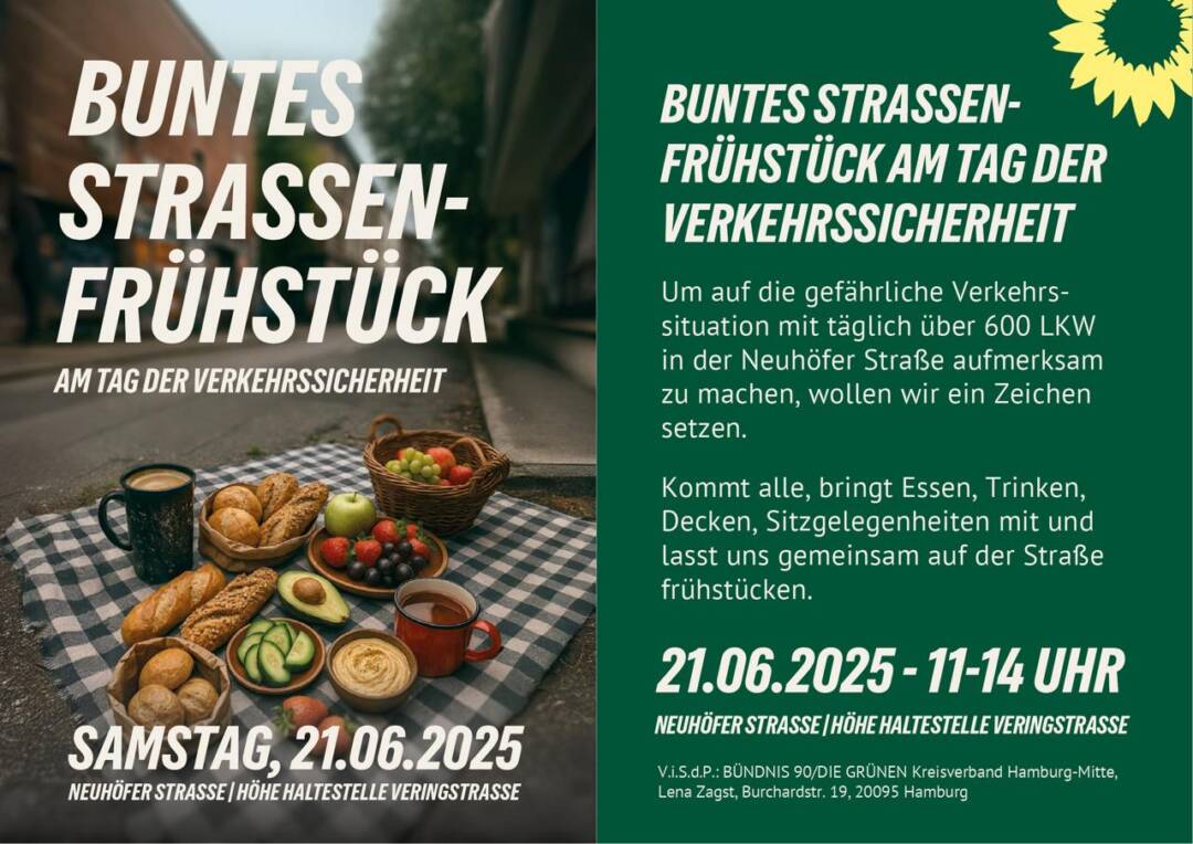 Eine Picknickdecke mit Essen auf einer Straße. Dazu die VA-Infos