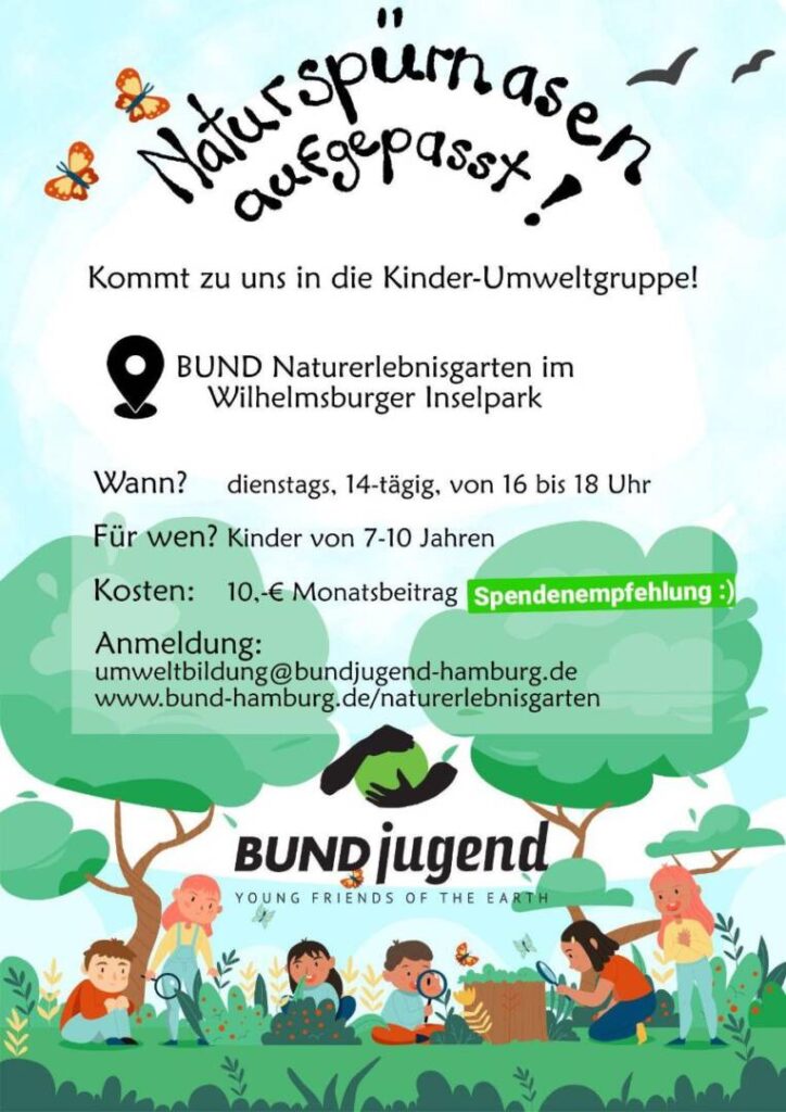 Gemalt: Kinder unter Bäumen, dazu die VA-Infos
