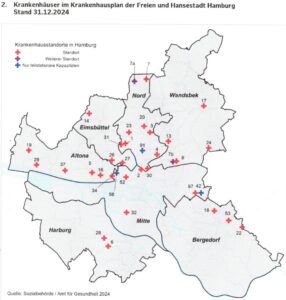 Umriss von Hamburg. die Krankenhäuser sind mit roten, blauen und lila Kreuzen eingezeichnet.