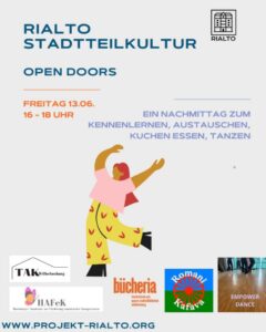 Eine Person mit gelber Hose und pinken T-Shirt tanzt (Grafik), dazu die VA-Infos