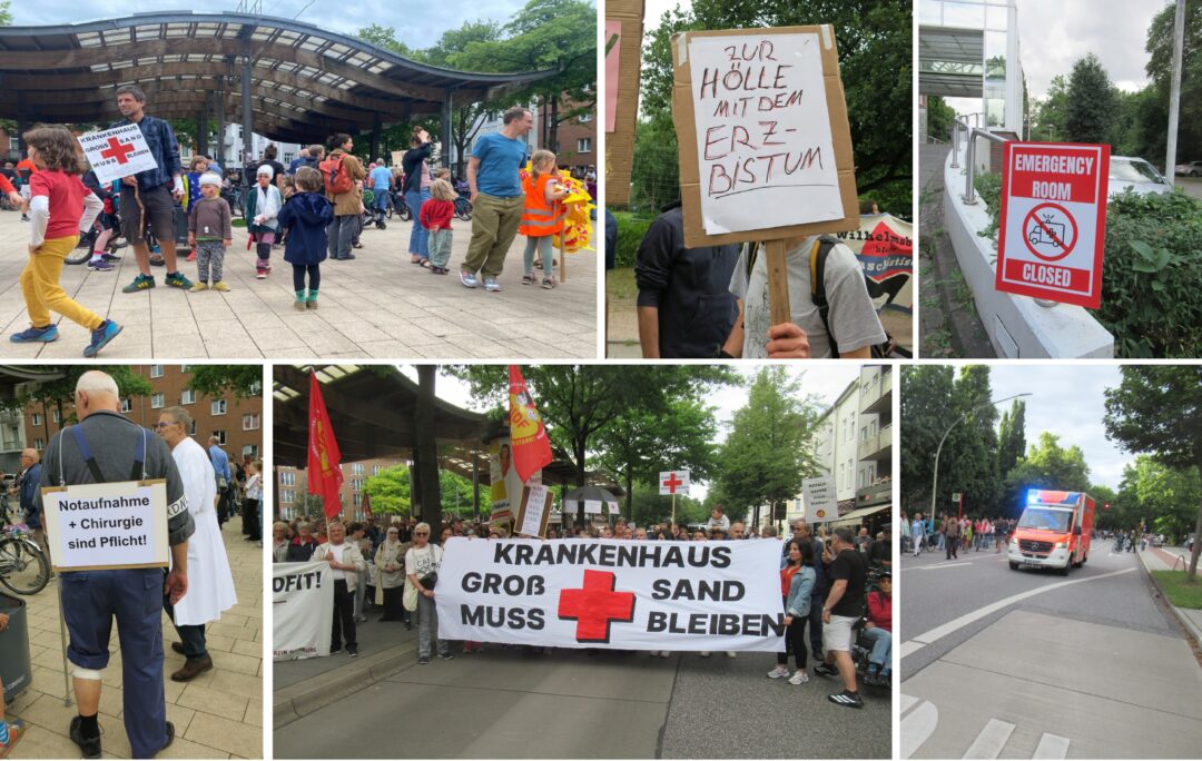 Eine Kollage von Bildern über eine Demo auf dem Stübenplatz.