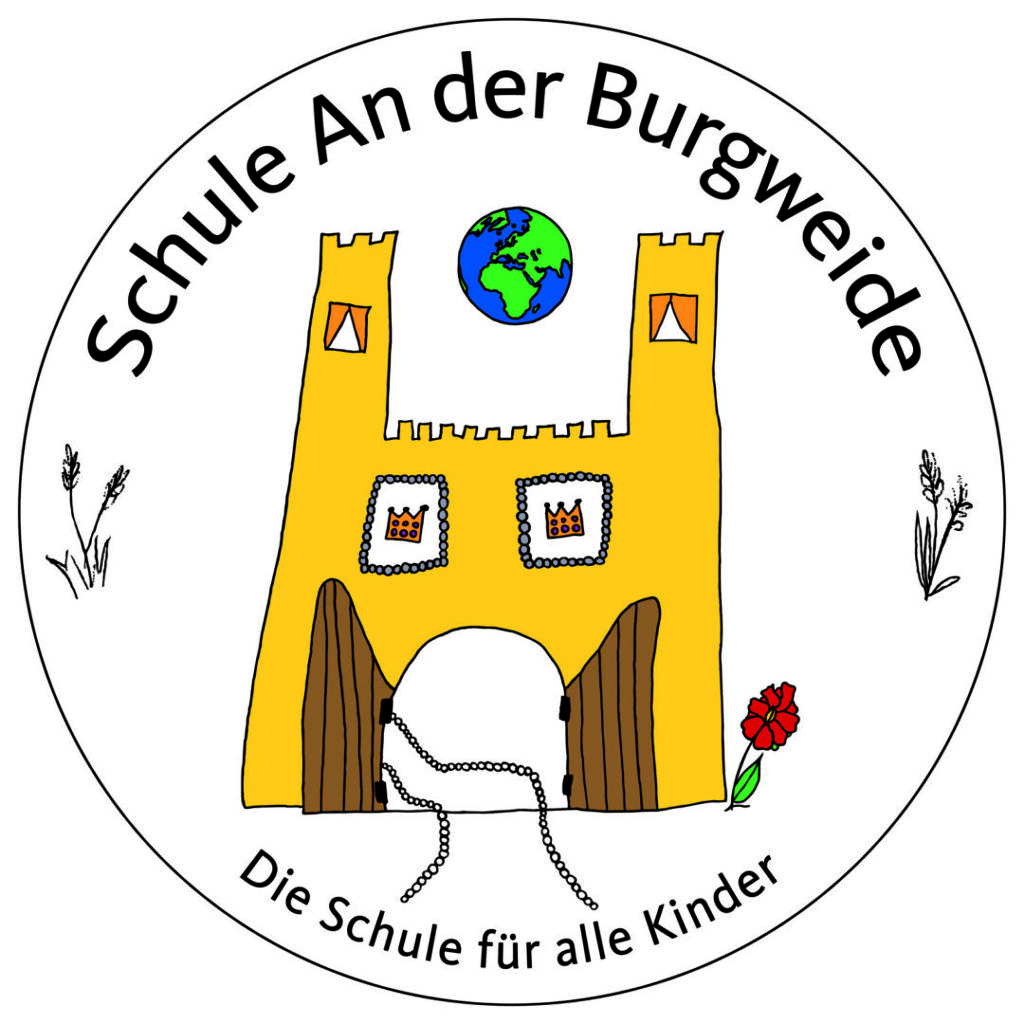 Das runde Schullogo mit Schulnamen am oberen Rand und der comicartigen Zeichnung einer geben Burg mit offenem Tor