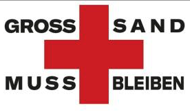 Logo. Die Wörter „Groß Sand muss bleiben" um ein rotes Kreuz angeordnet