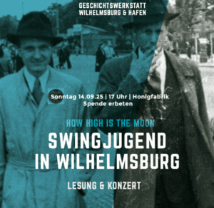 Das Veranstaltungsplakat zeigt ein altes Schwarz-Weiß-Foto von zwei jungen Männern in Mänteln und Hüten, vermutlich aus den 1940er Jahren.
Das Plakat verwendet moderne, kontrastreiche Schrift auf dem historischen Bildhintergrund.