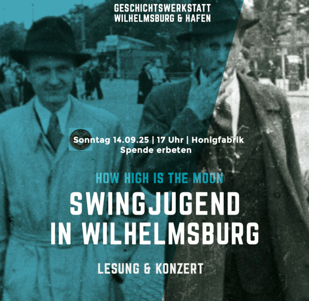 Das Veranstaltungsplakat zeigt ein altes Schwarz-Weiß-Foto von zwei jungen Männern in Mänteln und Hüten, vermutlich aus den 1940er Jahren. Das Plakat verwendet moderne, kontrastreiche Schrift auf dem historischen Bildhintergrund.