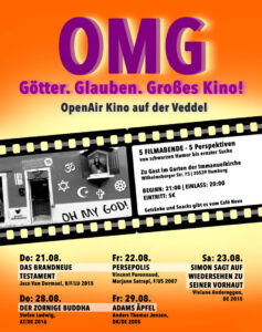 Plakat für die OpenAir-Filmreihe. Lila Schrift auf Orange, senkrecht verlaufend in Gelb. Quer rüber ein Filmstreifen.