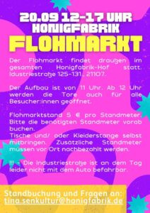 Der Flyer für einen Flohmarkt in der Honigfabrik ist farbenfroh in Pink, Gelb und Lila gestaltet, mit auffälliger Schrift und bunten grafischen Elementen.