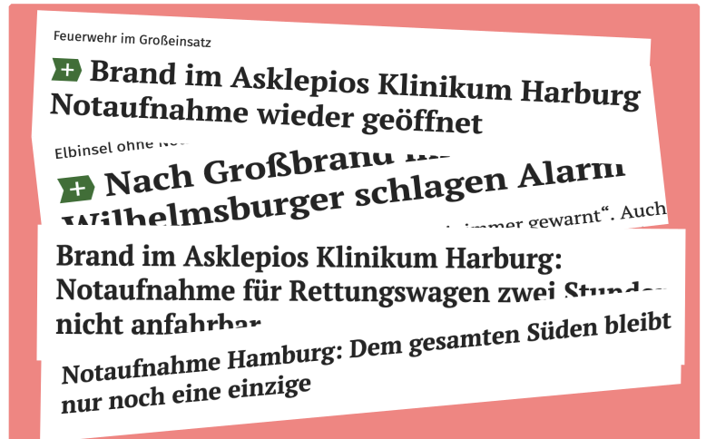 Collage von Schlagzeilen, darunter: Brand im Asklepios Klinikum Harburg