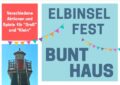Plakat für das Elbinselfest. Weiße Schrift auf rotem und hellblauem Grund. Unten lins der Leuchtturm.