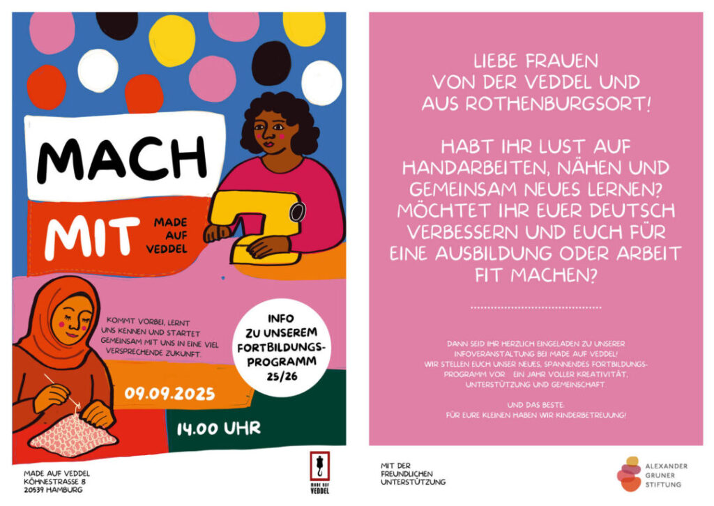 Zweiseitiger Flyer. 1. Seite: MACH MIT, zwei Frauen, eine an der Nähmaschine, die andere häkelt. 2. Seite weiße Schrift auf rosa Untergrund mit den Infos.