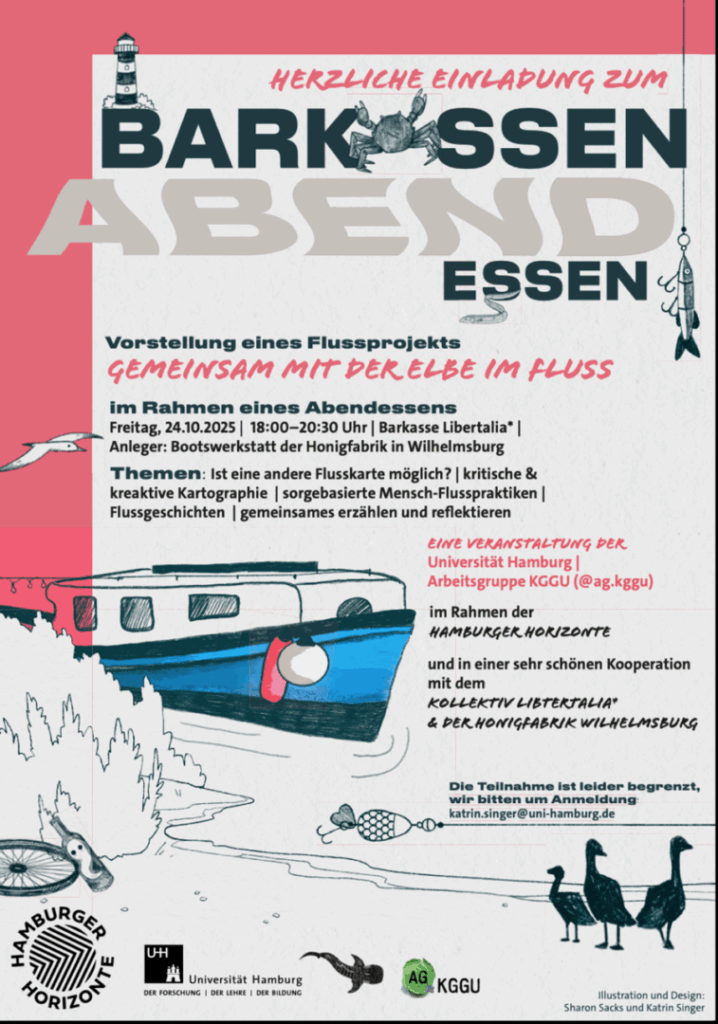 Plakat zur Veranstaltung „Barkassen-Abendessen – Gemeinsam mit der Elbe im Fluss“. Oben steht in roter Handschrift: „Herzliche Einladung zum“, darunter groß der Titel mit maritimen Illustrationen (Krabbe, Angelhaken, Leuchtturm).