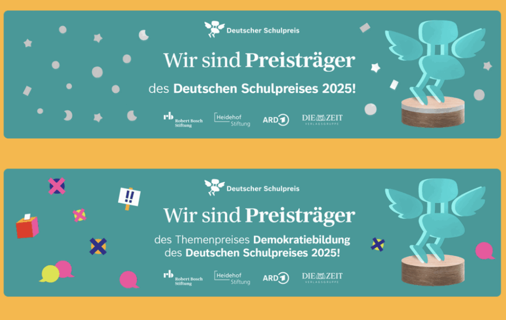 Die Beiden Urkunden, Querformat, auf grünem Hintergrund die Schrif:. Wir sind Preisträger