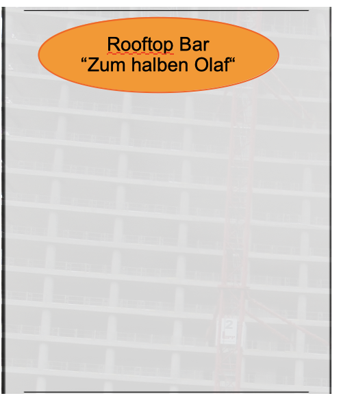 grasues oberster Tunnesegmernt. Ganz oben ein ovales oranges Cafe-Schild: Rooftop Bar Zum halben Olaf 