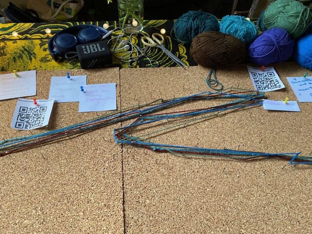 Rechts oben Wollknäuel in blau, grün, braun. Davor Wollfäden in einer Spitze gelegt auf einem Tisch. Daneben weiße Papierbogen mit Schrift und QU-Code.